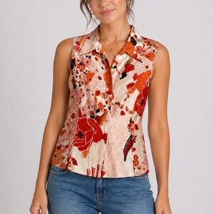 Namdar 100% Silk Floral Sleeveless Button Collared Blouse Pink Orange Career 6